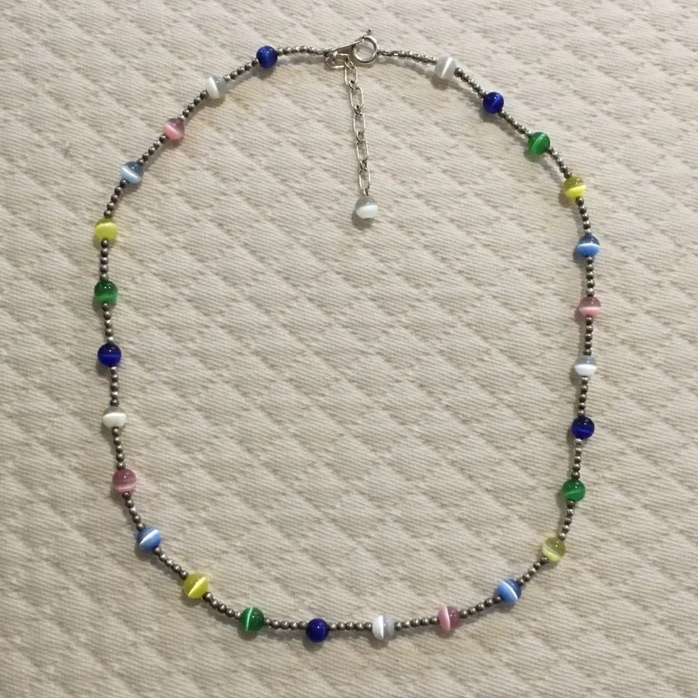 VTG Sterling Silver Multicolor Cats Eye Station Beaded Choker Necklace Extension
